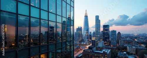 Modern London office block, sleek glass facade reflecting city skyline, architectural detail, urban landscape , workplace, property