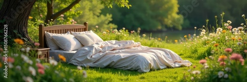 Serene outdoor scene featuring a cozy bed nestled amongst lush greenery and wildflowers, bathed in soft sunlight Perfect for relaxation, nature, and tranquility themes , organic, leaves