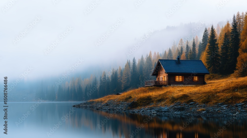 Fototapeta premium Serene lakeside cabin surrounded by misty mountains and autumn foliage at dusk