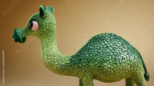 Colorful green camel toy with unique texture stands against a simple background, showcasing its playful design and charm for children