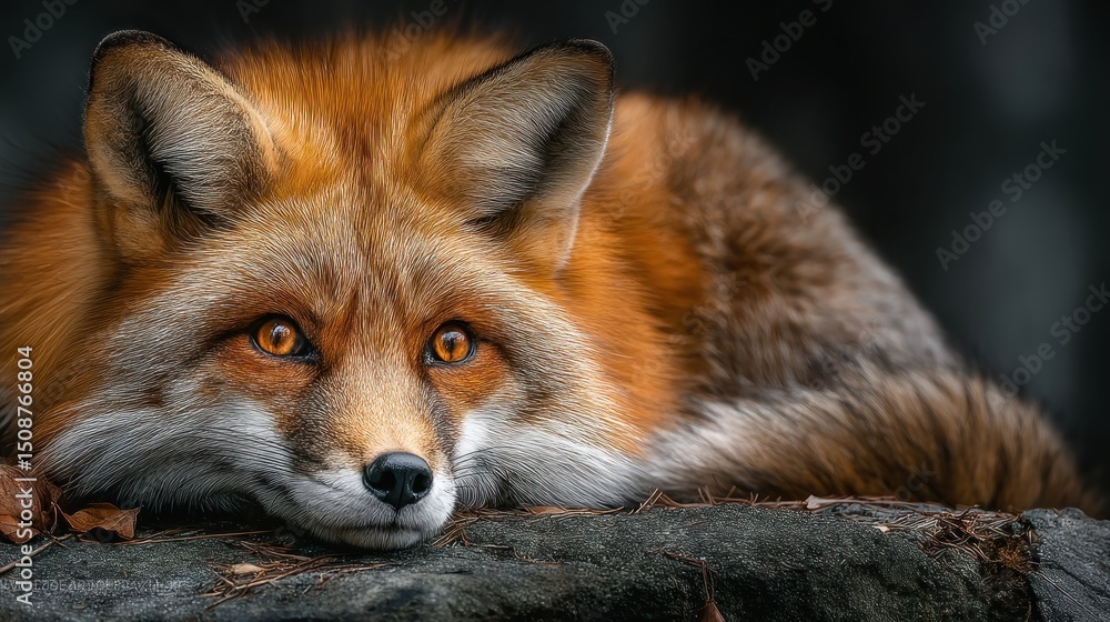 Fototapeta premium Captivating Portrait of a Red Fox Resting Contently on a Rocky Surface