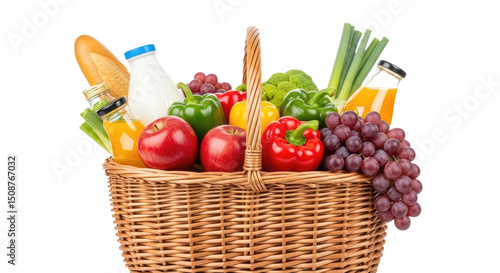 A rustic wicker basket filled with an assortment of fresh food groceries, including fruits and vegetables. Healthy shopping haul isolated on a white background.