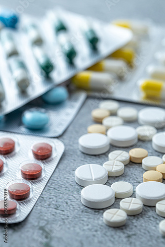 Variety of medicines and drugs.Medicine and healthcare concept.Variety of medicines and drugs.Medicine and healthcare concept.Pill for the prescription and treatment various diseases chemistry