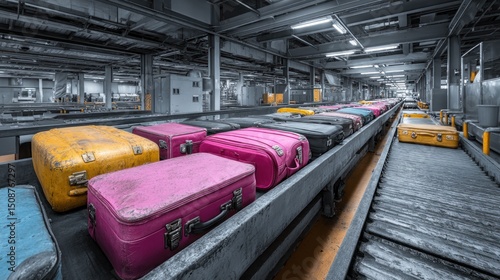 Baggage handling system with colorful suitcases on conveyor belts process
