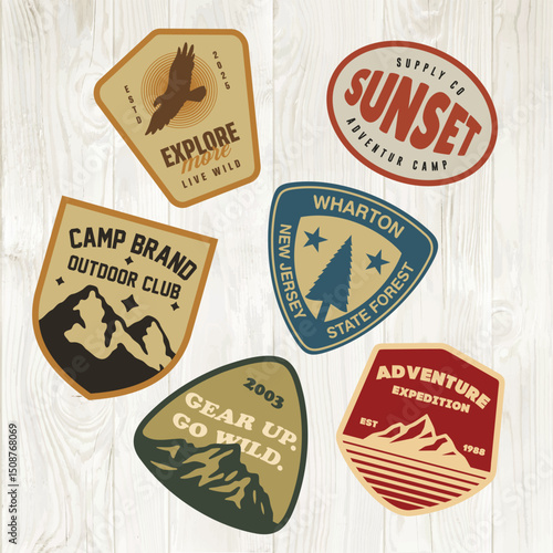mountain adventure hipster logos. Set of Vintage Outdoor mountains Summer Camp badges or Patches. vector emblem designs. Great for shirts, stamps, stickers logos and labels.