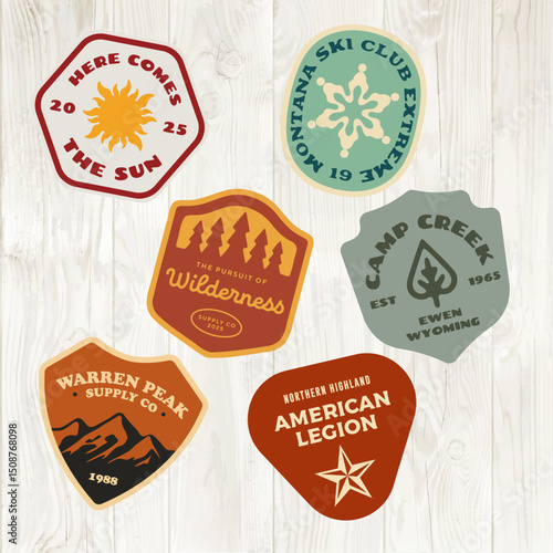 mountain adventure hipster logos. Set of Vintage Outdoor mountains Summer Camp badges or Patches. vector emblem designs. Great for shirts, stamps, stickers logos and labels.