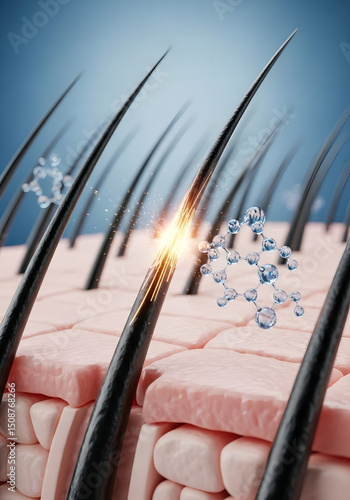 3D render of a damaged hair strand being restored inside the follicle, hydration molecules penetrating the scalp, smooth regeneration effect