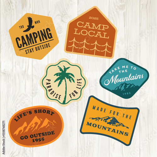 mountain adventure hipster logos. Set of Vintage Outdoor mountains Summer Camp badges or Patches. vector emblem designs. Great for shirts, stamps, stickers logos and labels.