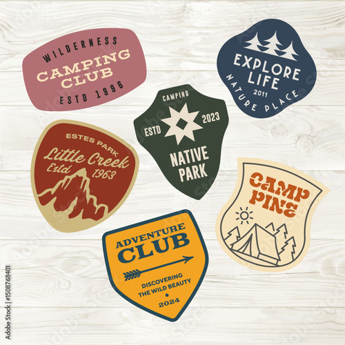 mountain adventure hipster logos. Set of Vintage Outdoor mountains Summer Camp badges or Patches. vector emblem designs. Great for shirts, stamps, stickers logos and labels.