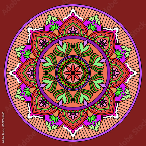 mandala round ornament, colorful blossom and red background, Vintage decorative elements. Oriental pattern, vector illustration. Islam, Arabic, Indian, Moroccan, Spain, Turkish, Pakistan, Chinese