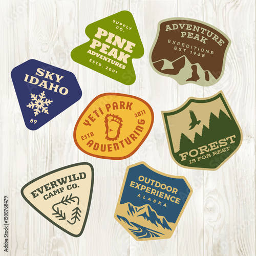 mountain adventure hipster logos. Set of Vintage Outdoor mountains Summer Camp badges or Patches. vector emblem designs. Great for shirts, stamps, stickers logos and labels.