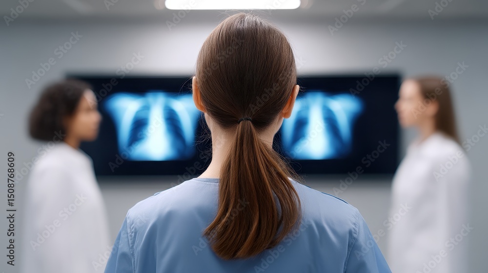 Fototapeta premium A medical professional observes an X-ray image, engaged in discussion with colleagues. The scene highlights teamwork and collaboration in healthcare and diagnosis.