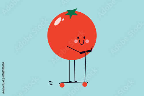 Cute Smiling Tomato Riding a Scooter – Funny Red Tomato Character with Happy Face and Cheeks on Blue Background, Perfect for Kids Prints, Healthy Food Cartoons, Summer Designs and Playful Illustration