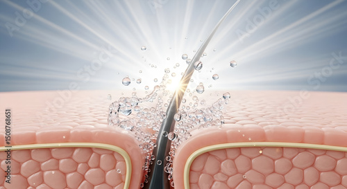 3D rendering of a clean hair follicle being purified by active water bubbles, concept of freshness and scalp care