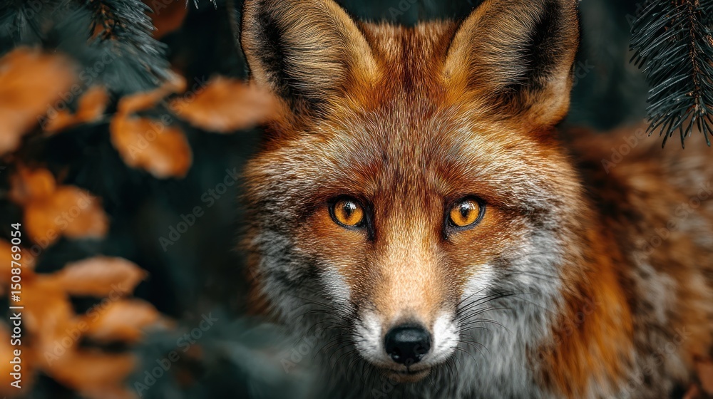 Obraz premium Intense portrait of a red fox, with striking amber eyes in woodland setting