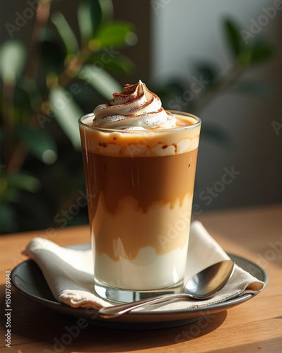 A luscious caramel and cream drink topped with whipped cream and cocoa, served elegantly on a plate with a spoon.