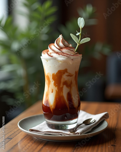 A luscious caramel and cream drink topped with whipped cream and cocoa, served elegantly on a plate with a spoon.