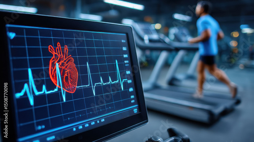 Cardiac rehabilitation concept. Person running on treadmill in gym with heart rate monitor displaying heartbeat graph