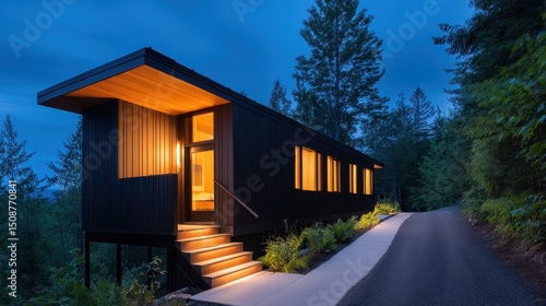Modern black house with illuminated windows at dusk surrounded by forest and driveway