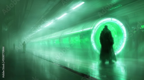 A mysterious figure stands at a misty train station  illuminated by a vibrant green light. The atmosphere evokes a sense of innovation and futuristic travel amidst ethereal fog.