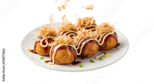 Serving of authentic Japanese takoyaki (octopus dumplings) garnished with sauce and toppings, presented on a plate and isolated on white. Popular street food.