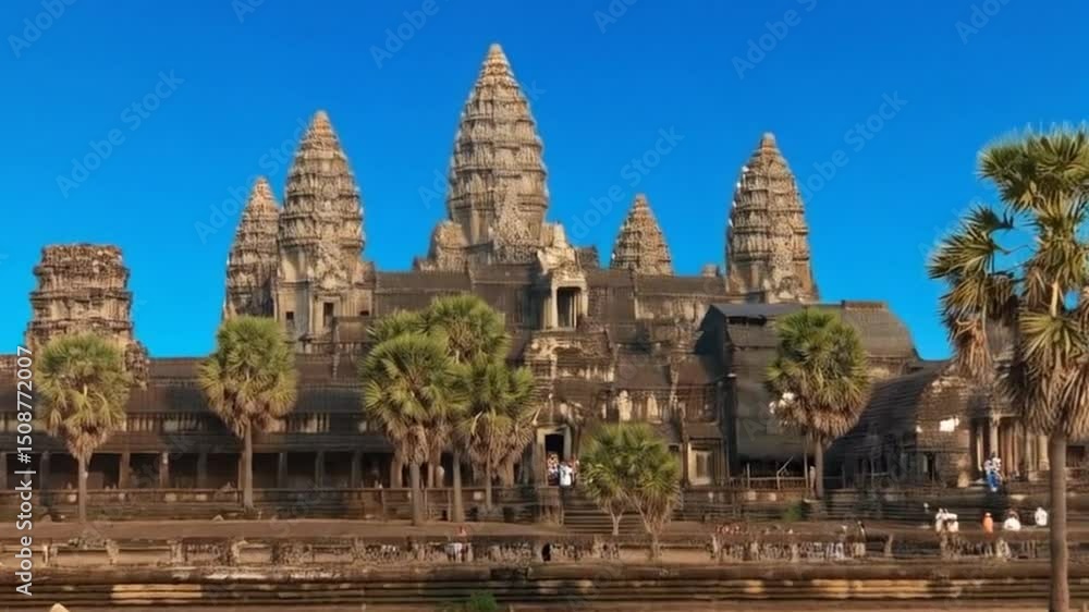 Angkor Wat temple in Cambodia with its distinctive towers, surrounded by lush greenery and a clear blue sky Angkor Wat temple in Cambodia with its distinctive towers, surrounded by lush greenery and a clear blue sky