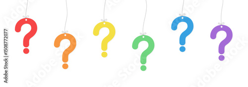 Six hanging question marks in red, orange, yellow, green, blue, and purple suspended by strings with bows on a white background. Question marks in rainbow colors.