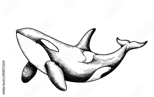 orca, intricate engraving vintage vector line art illustration, isolated on transparent background