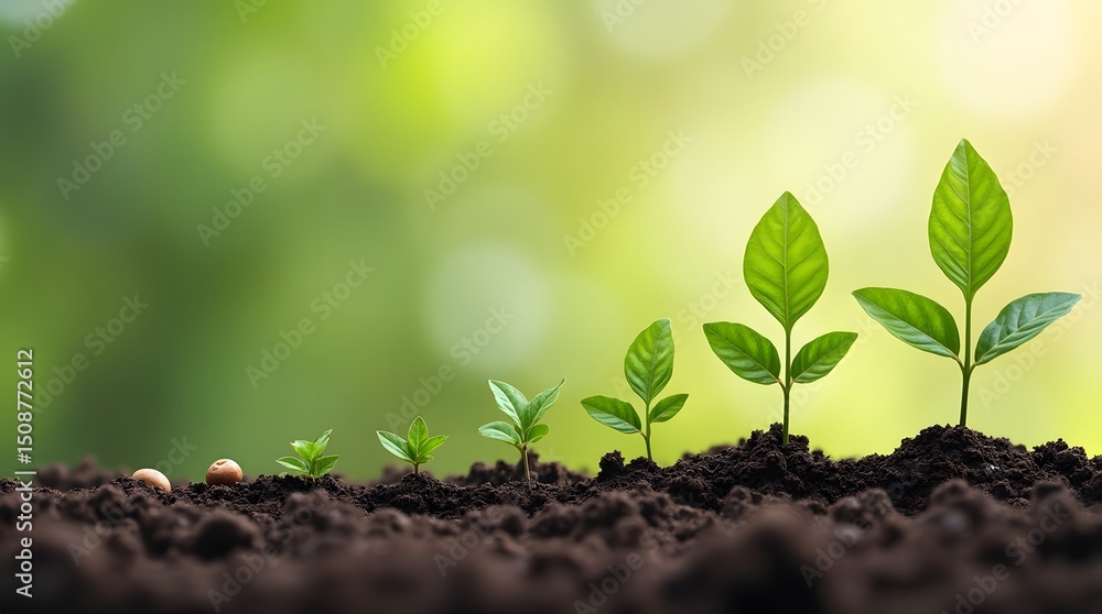 Fototapeta premium Illustration of plant growth stages from seed to mature plant, symbolizing development, success, and natural progression in a life cycle concept.