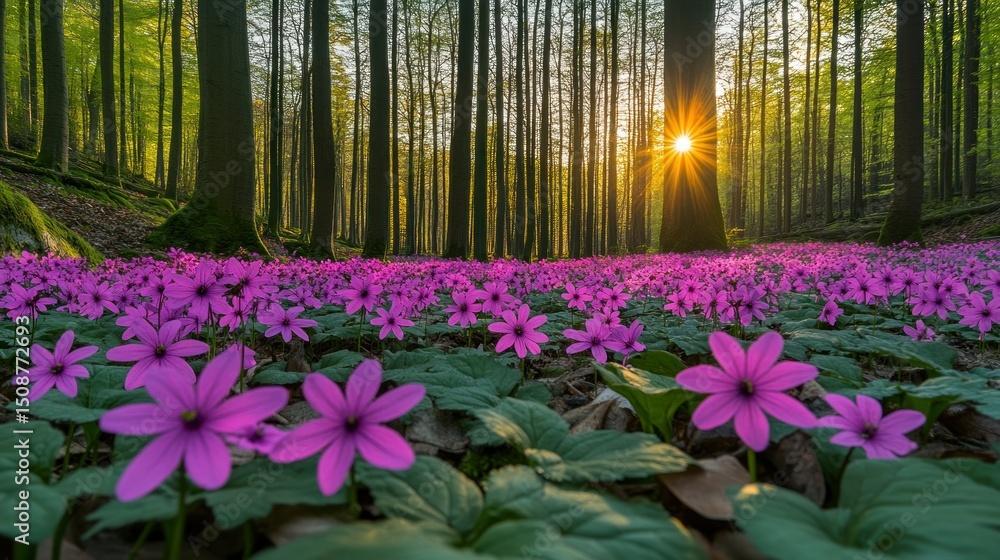 Obraz premium Sunlight streams through forest floor, vibrant purple flowers