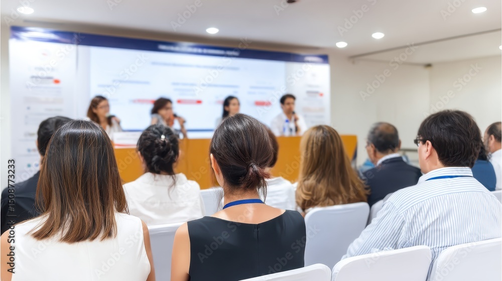Fototapeta premium A professional business panel discussion with engaged audience members listening attentively