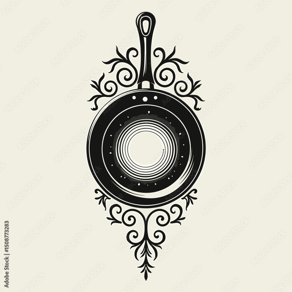 Obraz premium Frying pan decorative graphic in black and white, representing food preparation, with copy space