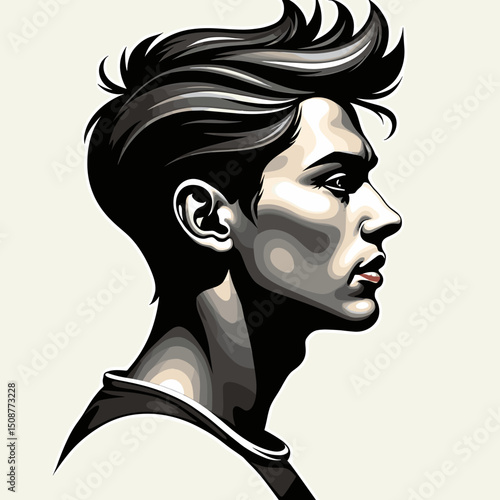 Man's profile with stylized hair, in black and white, for fashion blogs