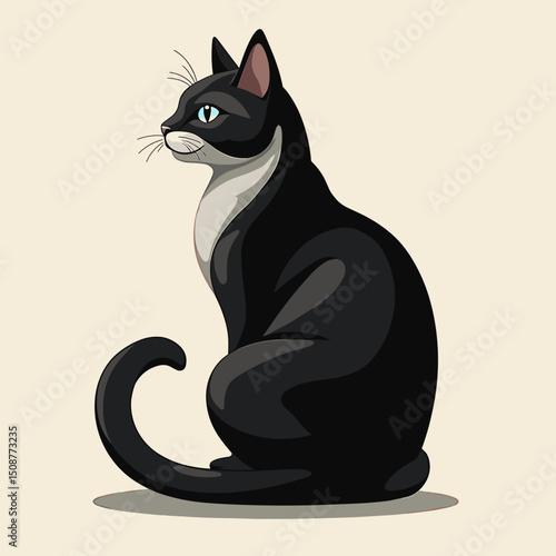 Elegant tuxedo cat sitting against a neutral background, for pet related blogs, with copy space