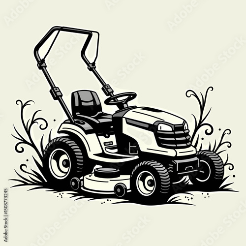 Lawn tractor mower with floral elements, stylized design for groundskeeping concepts