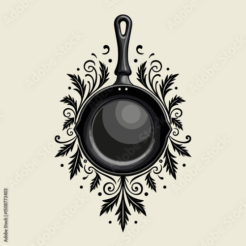 Cast iron skillet with decorative floral elements for culinary design, with copy space