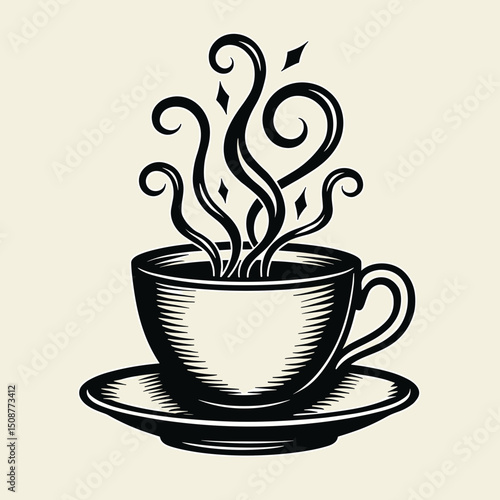 Stylized teacup with rising steam in monochrome, the concept of relaxation
