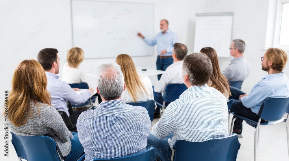 Obraz premium A professional meeting taking place in a bright conference room. A speaker engages an audience with insightful ideas and strategies, fostering teamwork and collaboration.