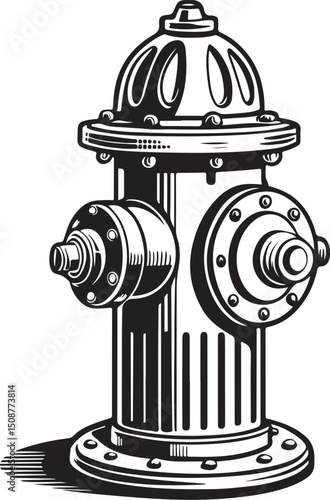 Fire hydrant Vector Illustration, Sketch Drawing Line Linear Symbol Icon Engraving Coloring Book, Hand-drawn Black and White Isolated