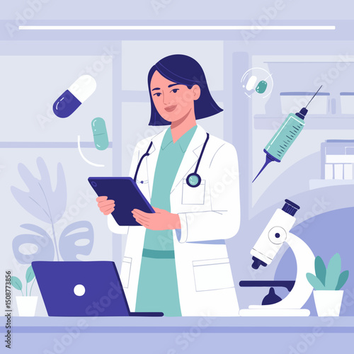 Female Doctor Holding Tablet in Modern Clinic – Flat Vector Healthcare Illustration with Medical Icons and Clean Background