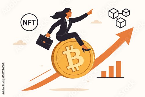 Successful businesswoman entrepreneur riding Bitcoin cryptocurrency with upward growth arrow blockchain technology NFT symbols and rising market charts vector graphic