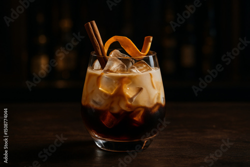 A rich iced coffee with cream, garnished with cinnamon sticks and an orange twist, served in a lowball glass on a dark wooden surface.
