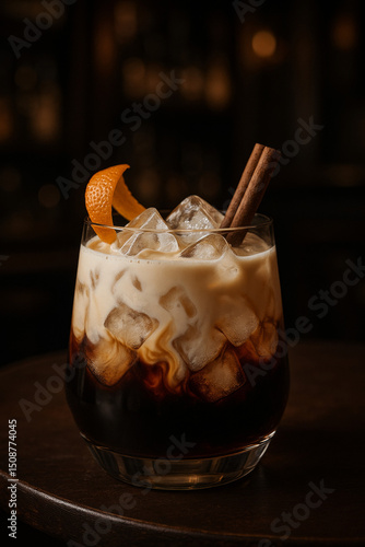 A rich iced coffee with cream, garnished with cinnamon sticks and an orange twist, served in a lowball glass on a dark wooden surface.