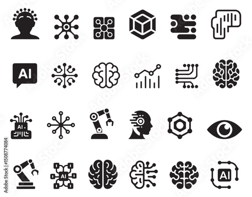 Artificial intelligence Icons Set – Brain, Robotics & Neural Network Symbols