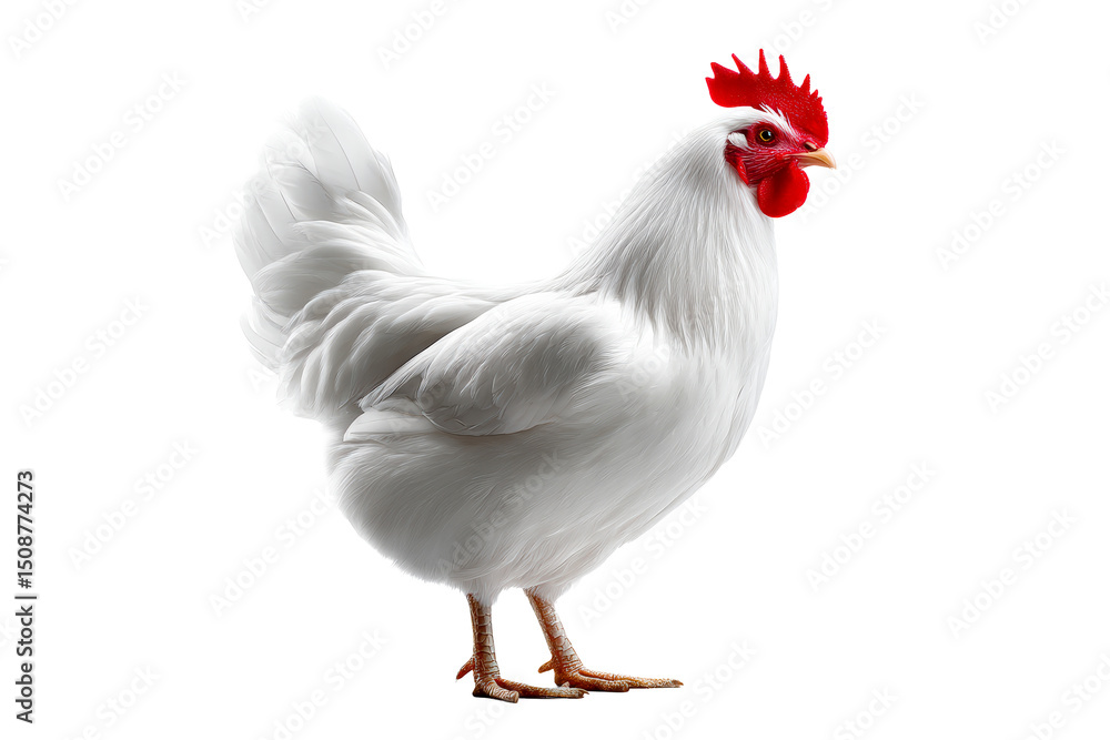 Fototapeta premium White chicken standing on transparent background with bright feathers