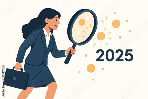 Businesswoman conducting market research with magnifying glass discovering data insights in 2025 future business analysis vector illustration
