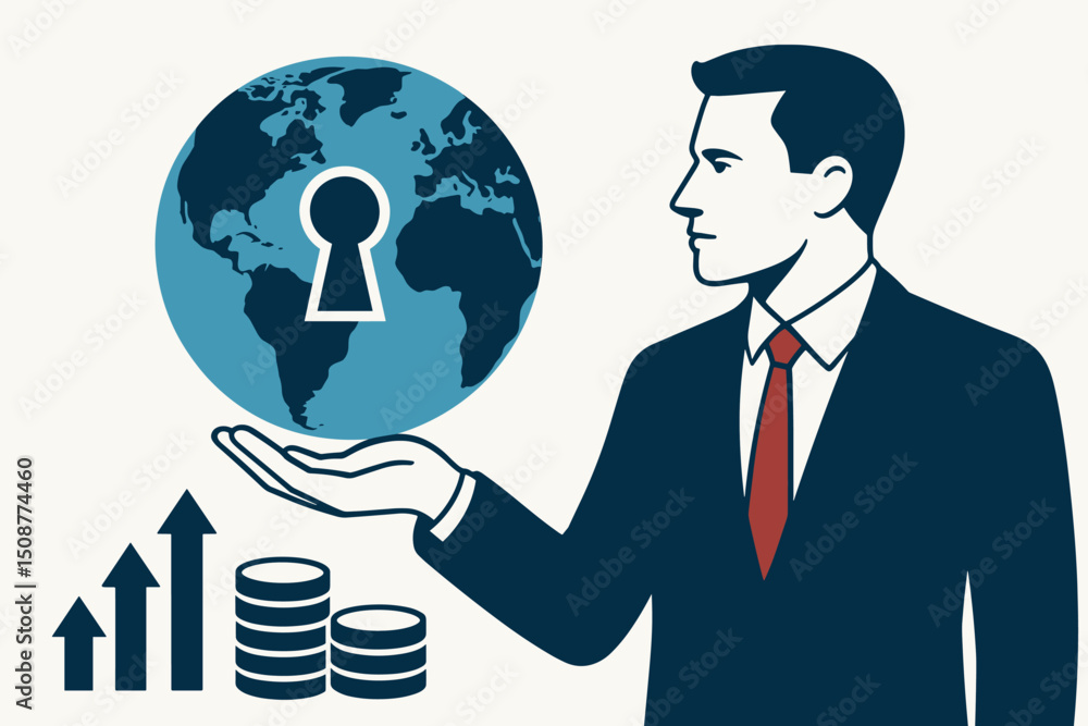 Professional businessman holding world globe with keyhole symbol representing global business access, economic growth and international market opportunities Professional businessman holding world globe with keyhole symbol representing global business access, economic growth and international market opportunities