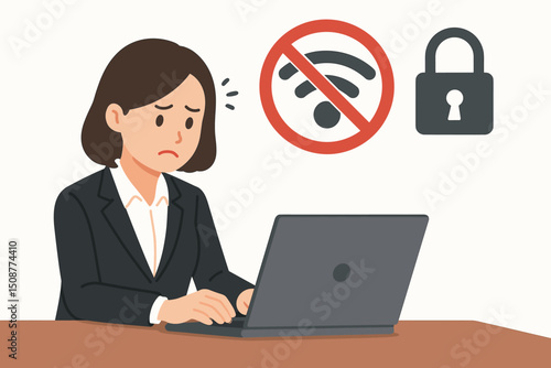 Frustrated businesswoman facing WiFi connection problems while working on laptop computer with no internet access and network security issues