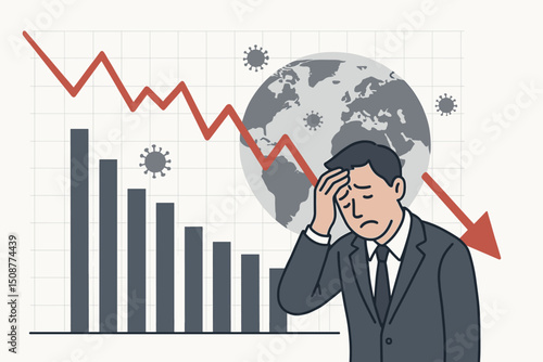 Stressed businessman analyzing global economic recession with declining charts and coronavirus pandemic impact on world financial markets