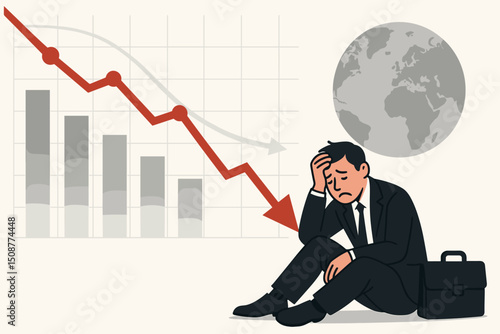 Stressed businessman sitting defeated with declining financial charts and world globe showing global economic recession and business failure crisis